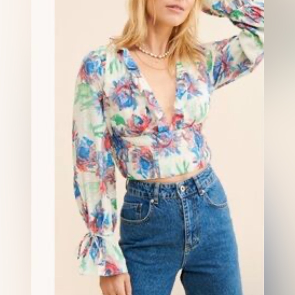 Anthropologie Floral Plunging V‎ Neckline Long Sleeve Crop Top Size XXSP Ruffles